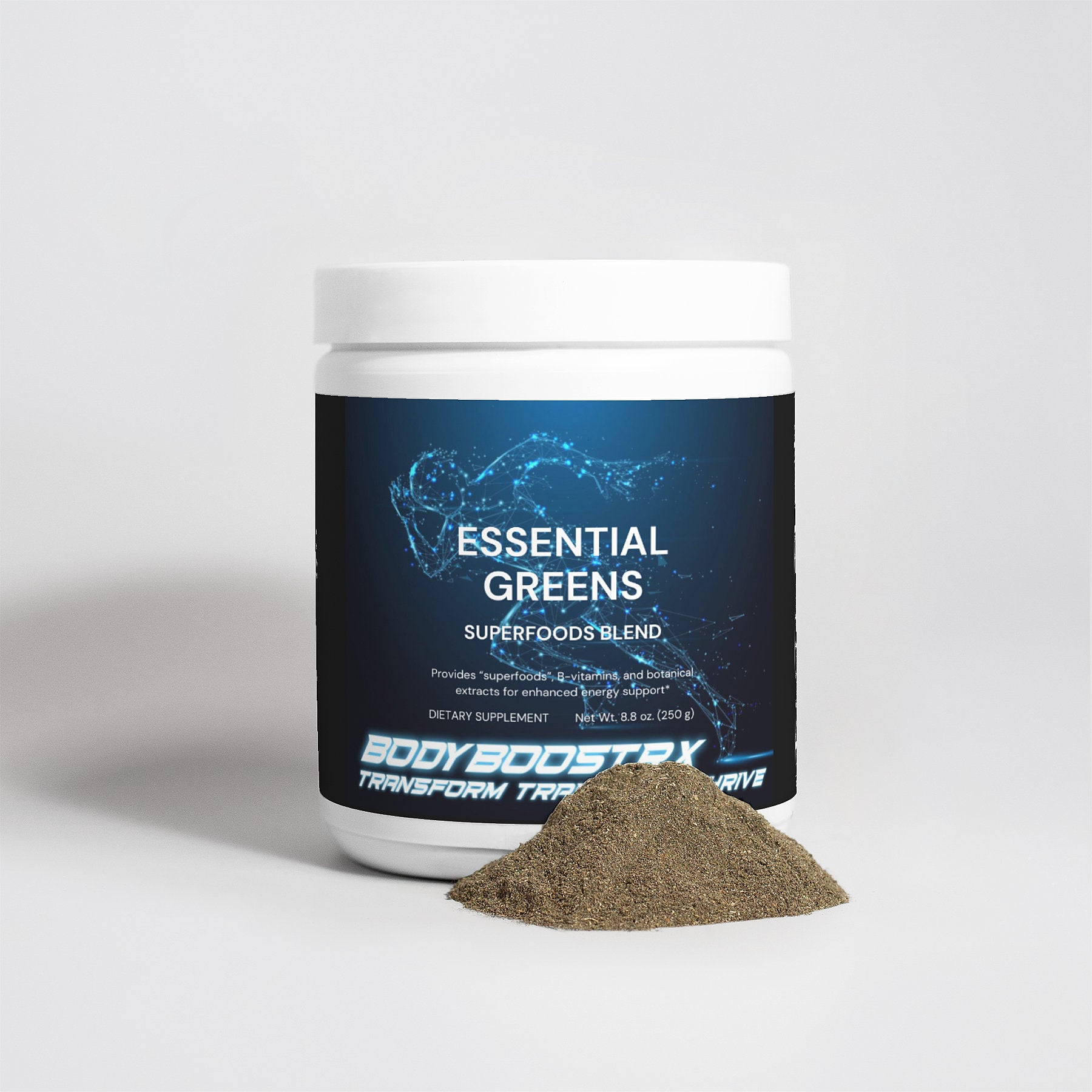 ESSENTIAL GREENS SUPERFOODS BLEND PACKAGE FRONT With A Daily Amount Of Powder